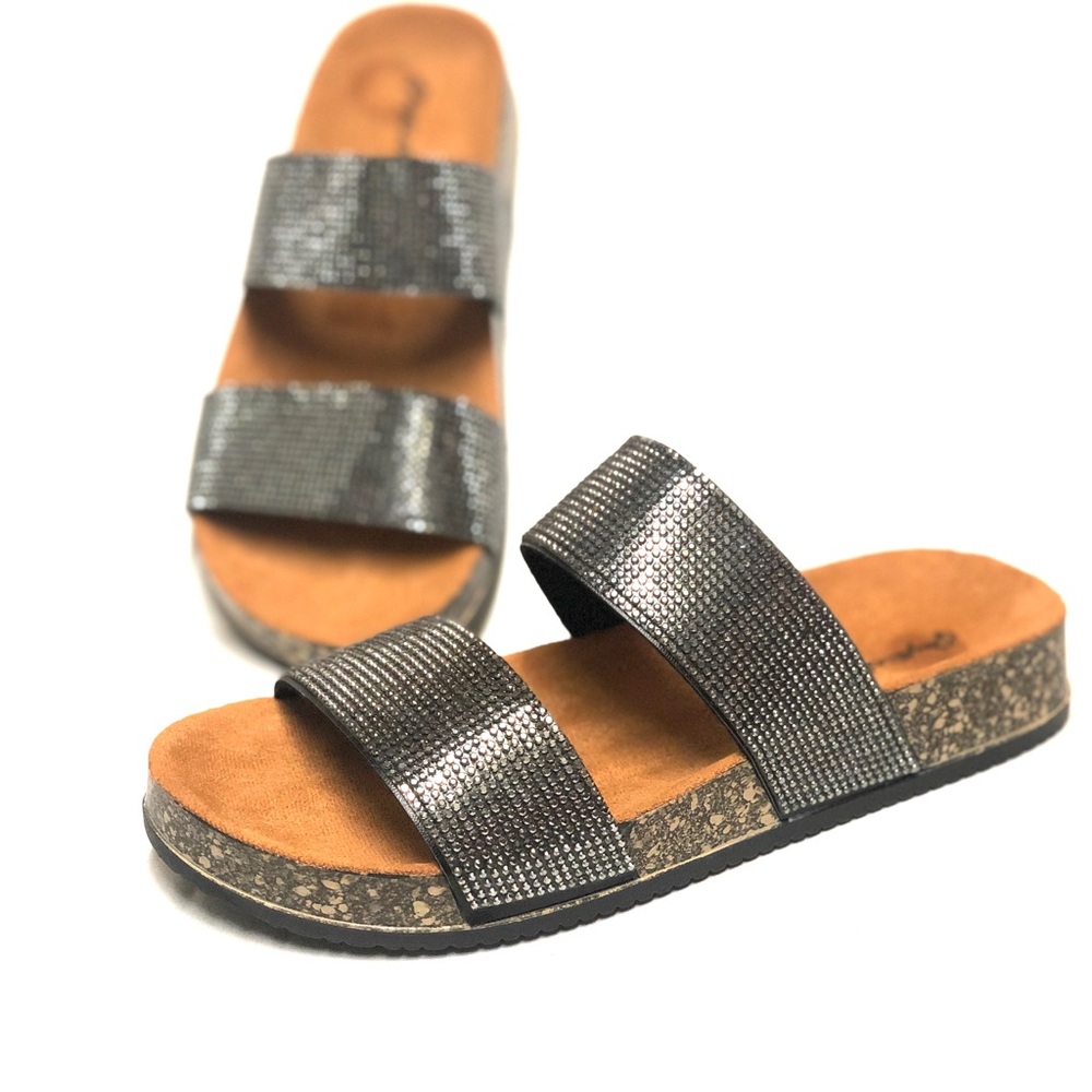 Qupid Double Rhinestone Straps Open Toe Cork Slides/Sandals Size 5.5